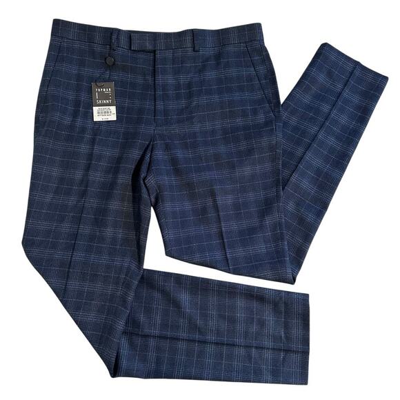 NWT Topman Skinny Plaid Suit Pants in Navy 34R - Picture 1 of 9